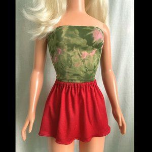 Red Mini Skirt & Green-Multicolor Top. For My Size Barbie Doll. New